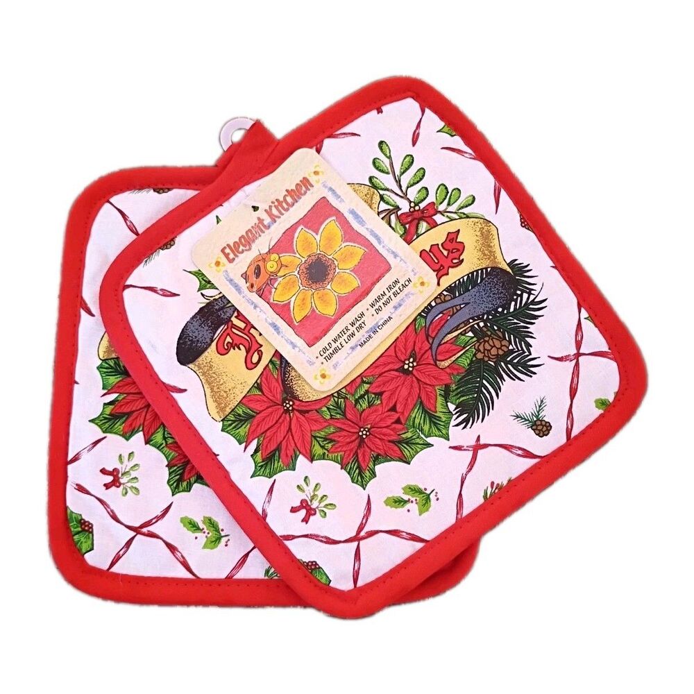 Elegant Kitchen 2pc Happy Holidays Poinsettia Red Quilted Hot Pot Oven Holder